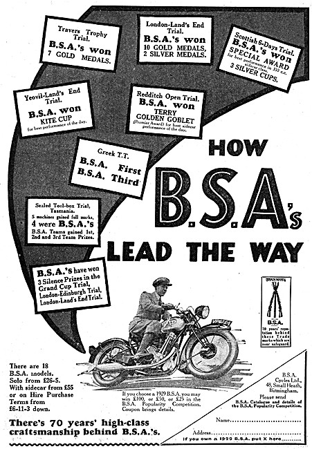 BSA 1929 Motor Cycle Trials Successes                            