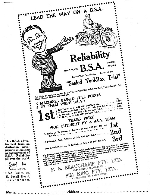 BSA  Motor Cycles 1929 Advert                                    