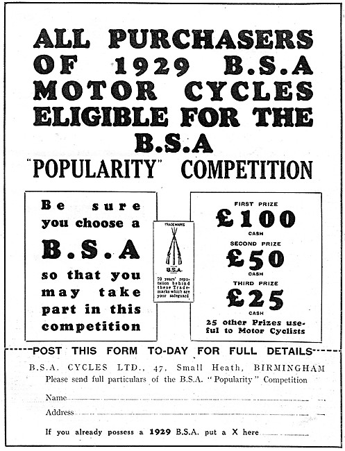 1929 BSA Motor Cycles Sales Promotion Advert                     