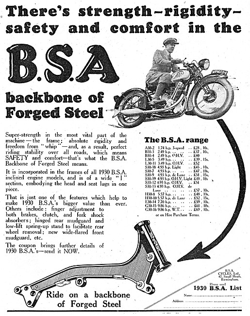 1929 BSA Motorcycle Model Range                                  