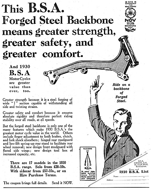 1929 BSA Forged Steel Backbone Motorcycle Models                 