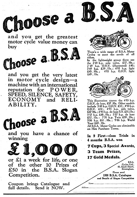 BSA  Motor Cycles 1930 Models                                    