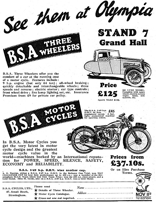 BSA Cyclecars &  Motor Cycles 1930 Models                        