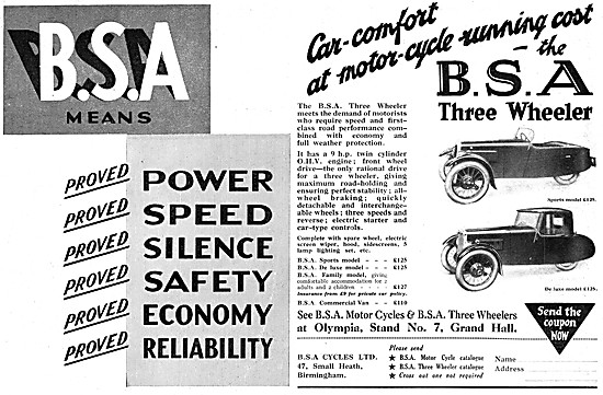 BSA Three Wheeler Cars 1930 Models                               