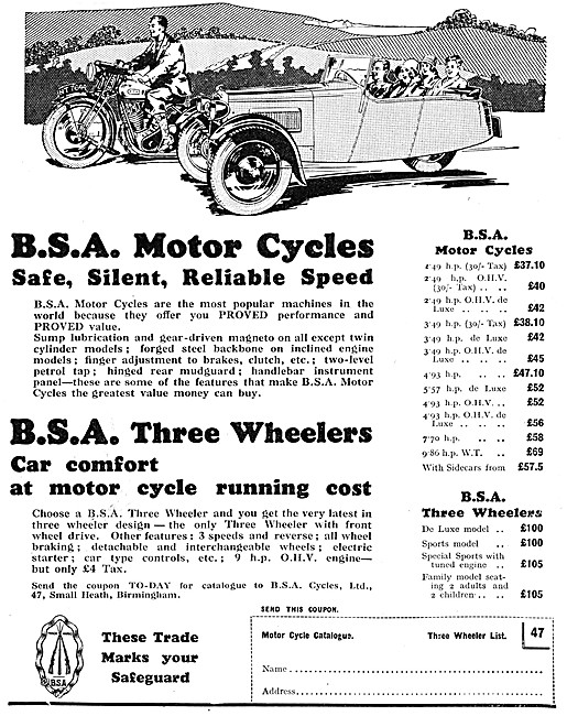 1931 BSA Motor Cycles & Three Wheelers                           