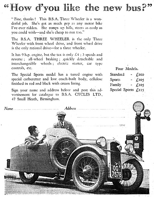 BSA Three Wheel Cars 1931 Models                                 