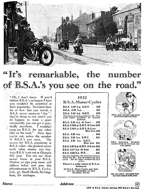 BSA  Motor Cycle Price List For 1932 Models                      