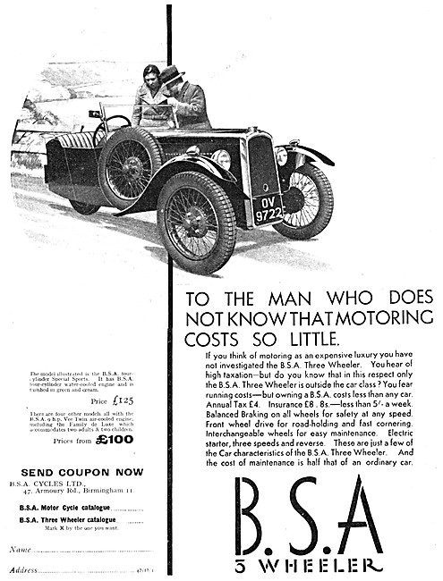 1934 BSA Three Wheeler Cars                                      
