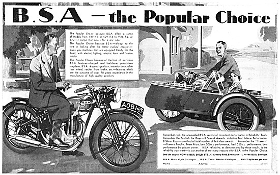 The 1934 Range Of BSA Motor Cycles & THree Wheeler Cars          