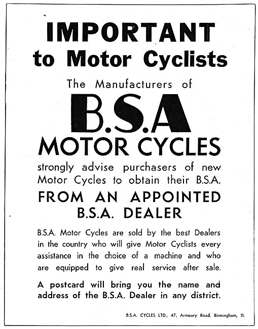 1936 BSA Motor Cycles Advert                                     
