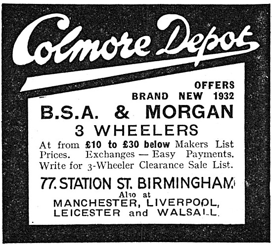 Colmore Depot BSA & Morgan Three Wheeler Sales & Service 1932    