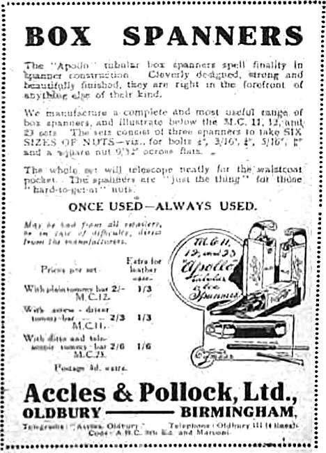 1919 Accles & Pollock Box Spanners Advert                        