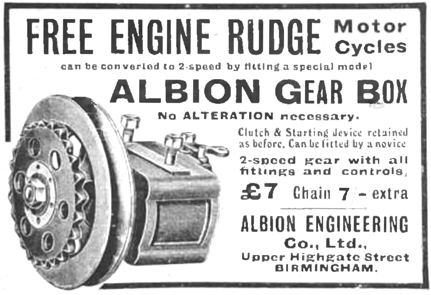 Albion Gear Box For Free Engine Rudge Motor Cycles 1915          