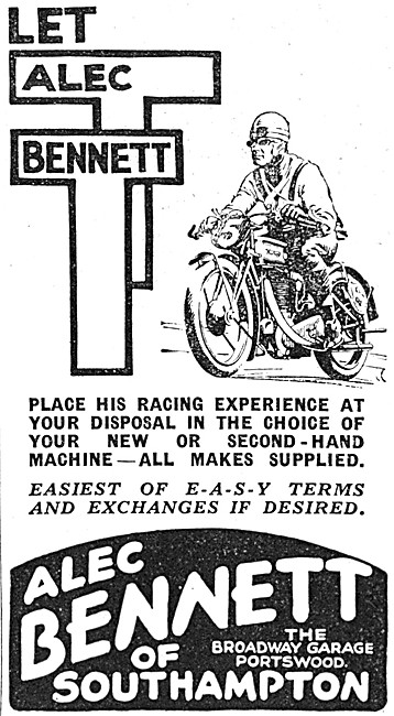 Alec Bennett Motor Cycles Southampton. 1930 Advert               