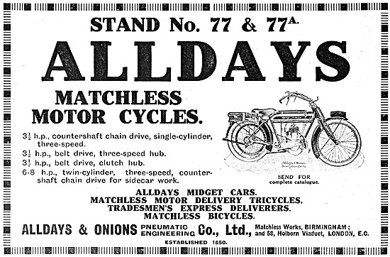 The 1913 Range Of Alldays & Onions Matchless Motor Cycles        