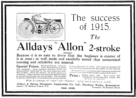 1915  Alldays & Onions Allon Motor Cycle                         
