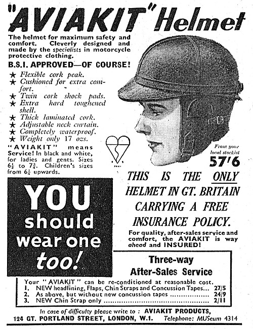 Aviakit Motor Cycle Helmets 1956 Advert                          