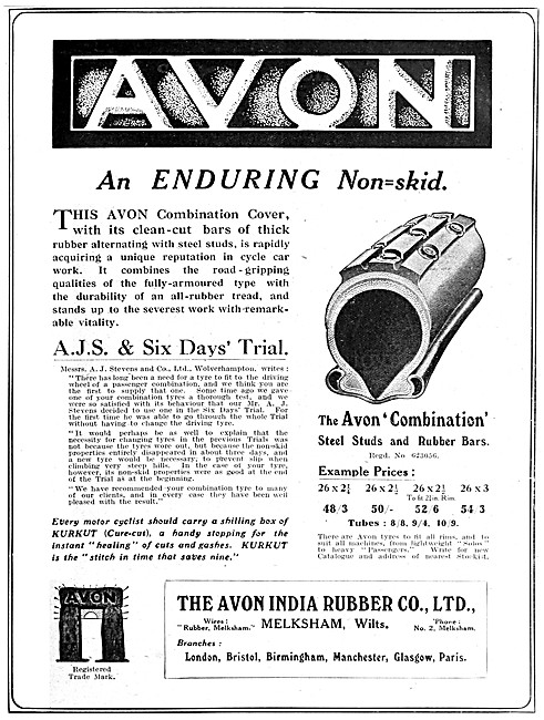 Avon Motorcycle Tyres - Avon Motor Cycle Tyres 1913 Advert       
