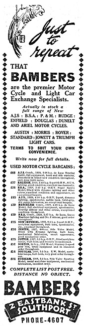 Bambers Motor Cycle Sales. Eastbank St, Southport. 1930 Advert   