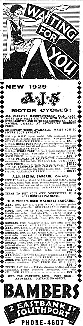 Bambers Motor Cycle Dealership. 2 Eastbank St, Southport. 1930 Ad