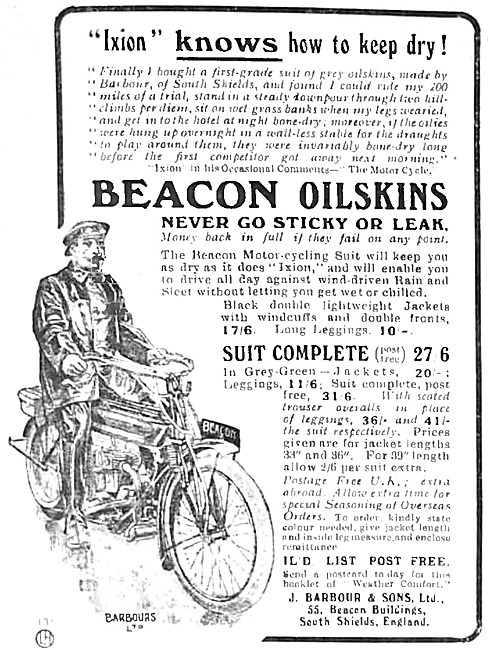 Barbour Weatherproof Clothing For Motorcyclists - 1917 Styles    