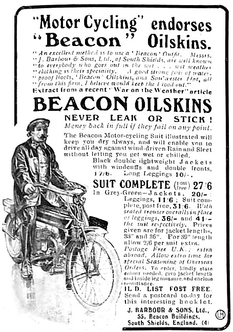 Barbour Beacon Oilskins For Motorcyclists 1918 Patterns          
