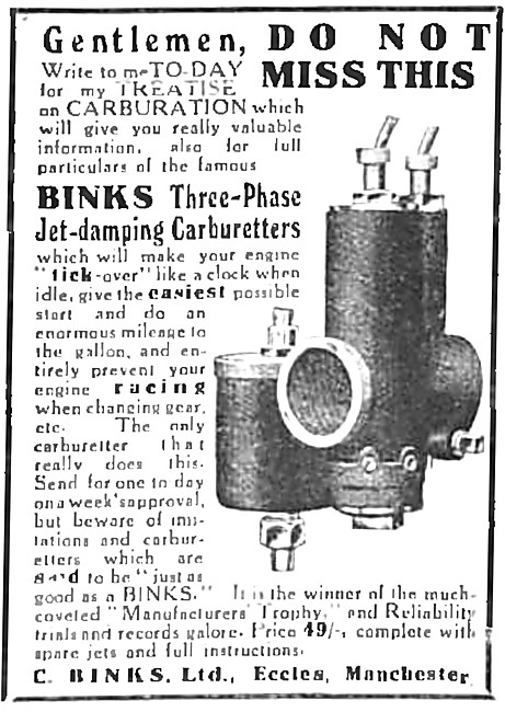 1915 Binks Carburetters - Binks 3-Phase Jet Damping Carburetters 