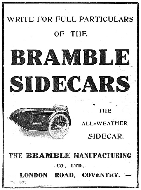 1913 Bramble All-Weather Motor Cycle Sidecars                    
