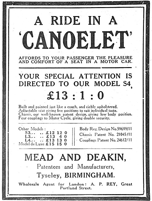 The 1913 Range Of Canoelet Sidecars                              