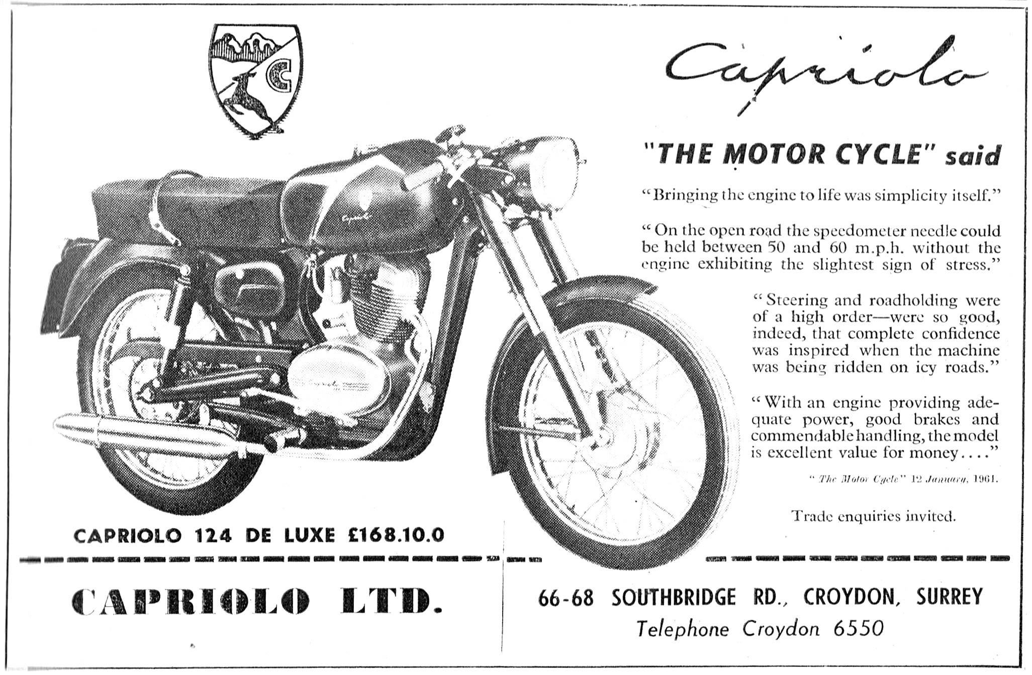 1961 Capriolo 124 De Luxe Motor Cycle                            