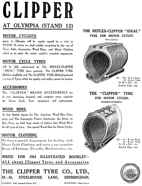 Clipper Motor Cycle Tyres 1913 Advert                            