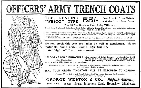 George Weston Westo Officers Army Trench Coats 1922 Pattern      