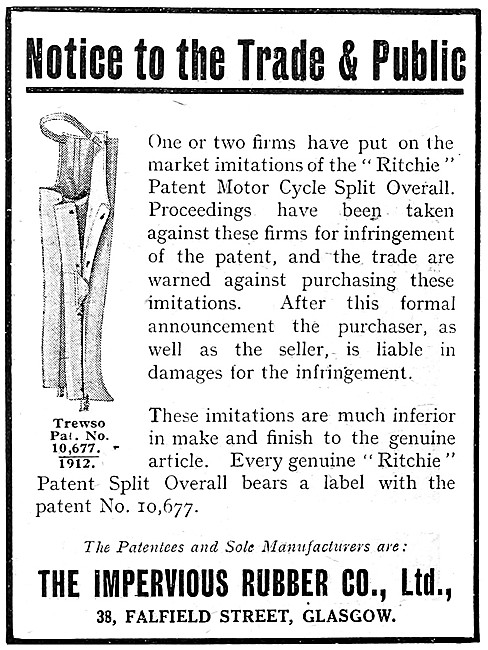 1922 Ritchie Patent Motor Cycle Split Overalls                   