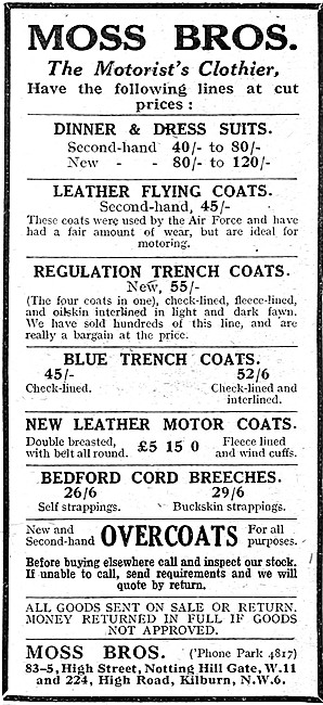 Moss Bros Clothing For Motor Cyclists 1922 Catalogue Items       