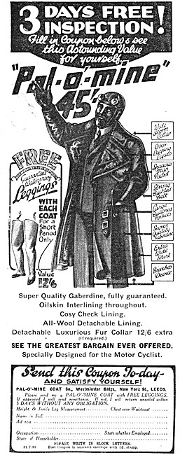 Pal-O-Mine Motor Cycle Coats 1930 Styles                         