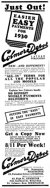 Colmore Depot Motor Cycle Sales 1930 Advert                      