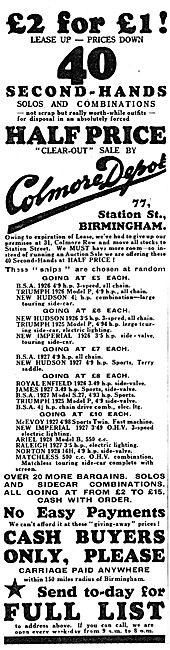 Colmore Depot Motor Cycles Sales. 1931 Advert                    