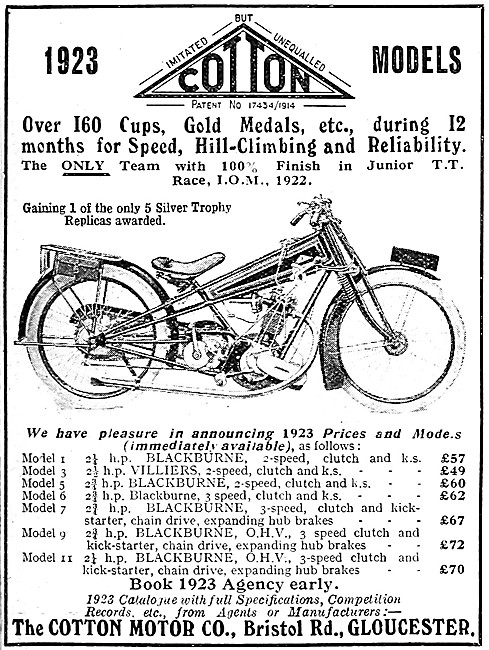 The 1922 Range Of Cotton Motor Cycles                            