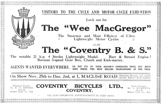 1922 Coventry Wee MacGreogor Bar & Storud Motor Cycle            