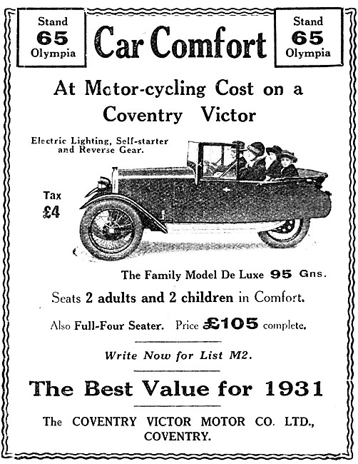 1930 Coventry Victor Family Model De Luxe Three Wheeler          