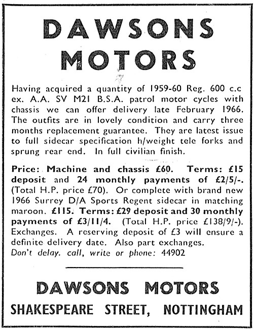 Dawsons Motors Ex Military Motor Cycles - Dawsons Motors BSA M21 