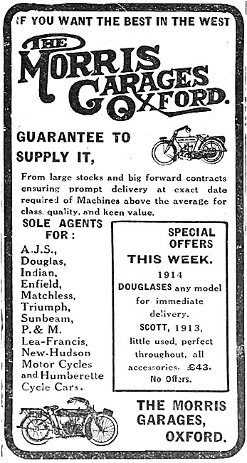 The Morris Garages Oxford Motor Cycle Sales. M.G. 1913 Advert    