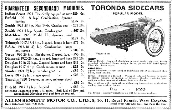 Allen-Bennett Motors, Croydon. Toronda Sidecars 1922             