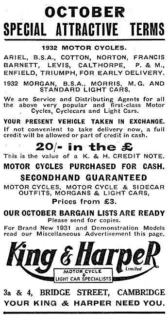 King & Harper Motor Cycles Sales. 3 Bridge St, Cambridge. 1931 Ad