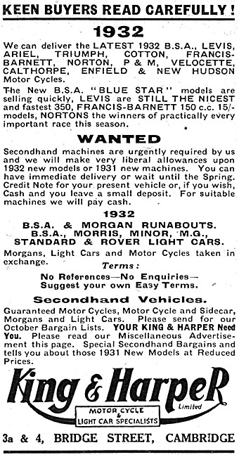 King & Harper Motorcycle Sales. Cambridge. 1931 Advert           