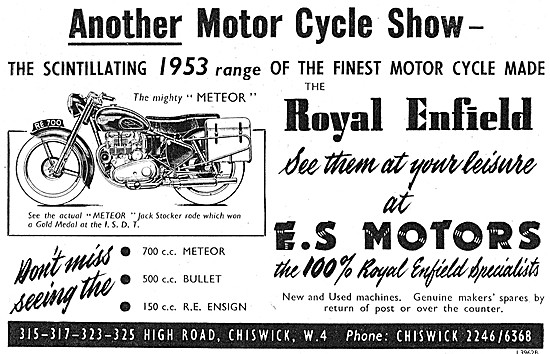 E.S.Motors Motor Cycle Sales & Service. 1952 Advert              