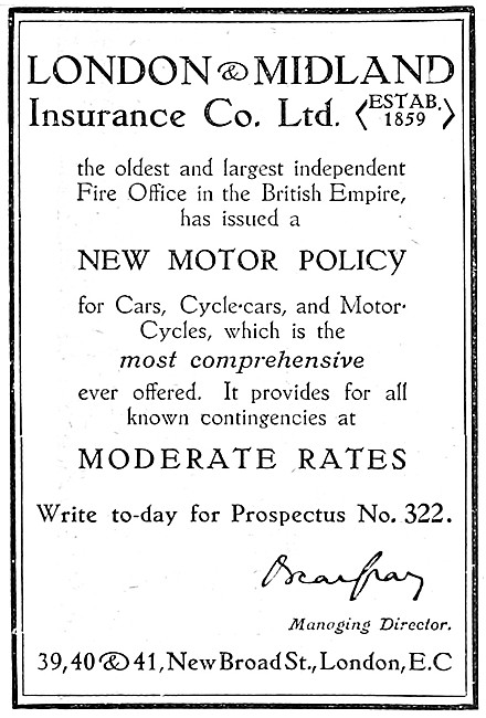 London & Midland Motor Cycle Insurance Policies. 1913 Advert     