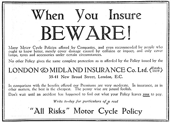 London & Midland Motor Cycle Insurance Policies. 1913 Advert     