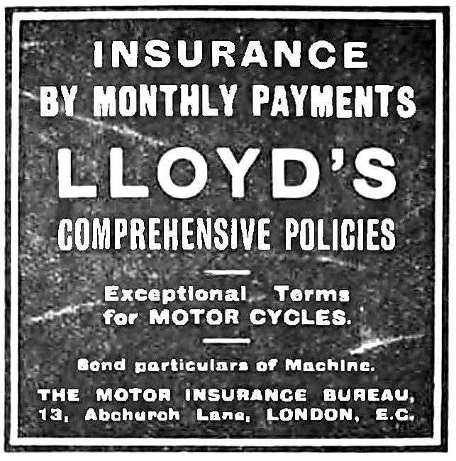 Lloyds Motor Cyucle Insurance Policies 1916 Advert               