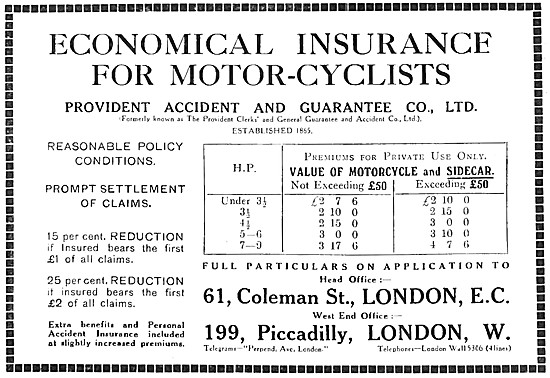 Provident Motor Cycle Insurance Policies 1918 Rates              
